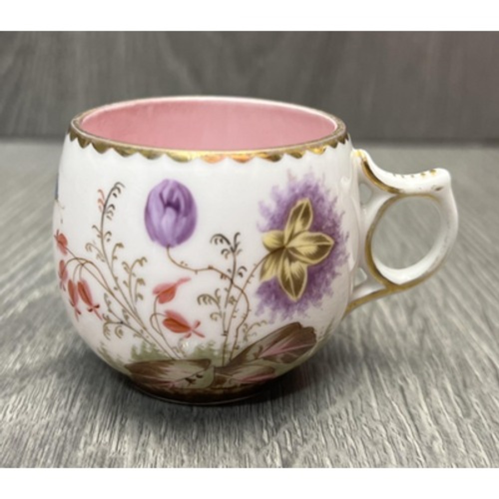 Vintage Miniature Porcelain Demitasse Cup Hand Painted Floral Gold Gilt Pink